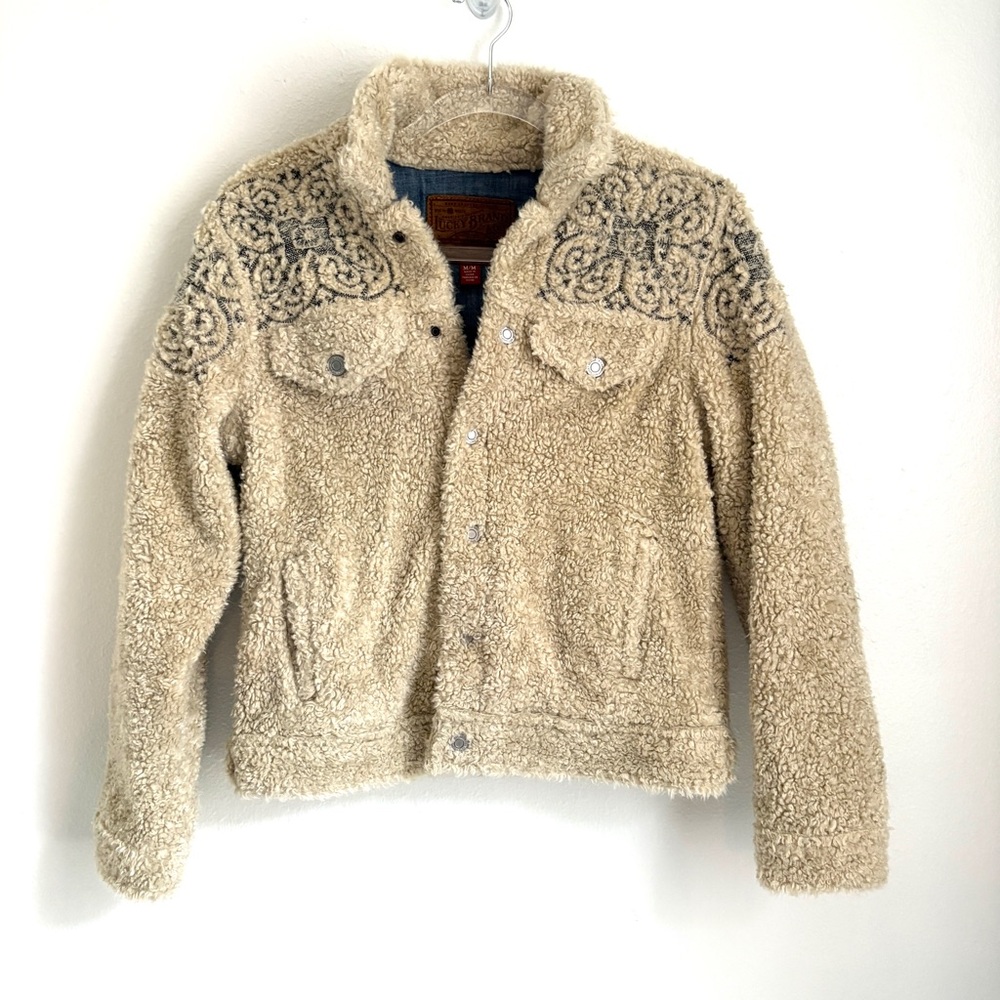 Lucky Brand | Women’s Cream Sherpa Tomboy Trucker Blue Embroidered Jacket Size M
